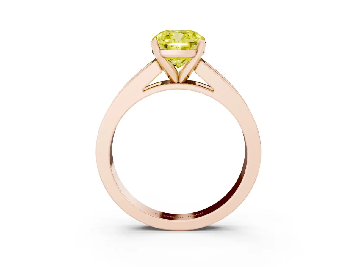 Fancy Yellow Cushion Cut Solitaire Diamond Ring with Channel-Set Band and Four-Prong Setting Rose gold