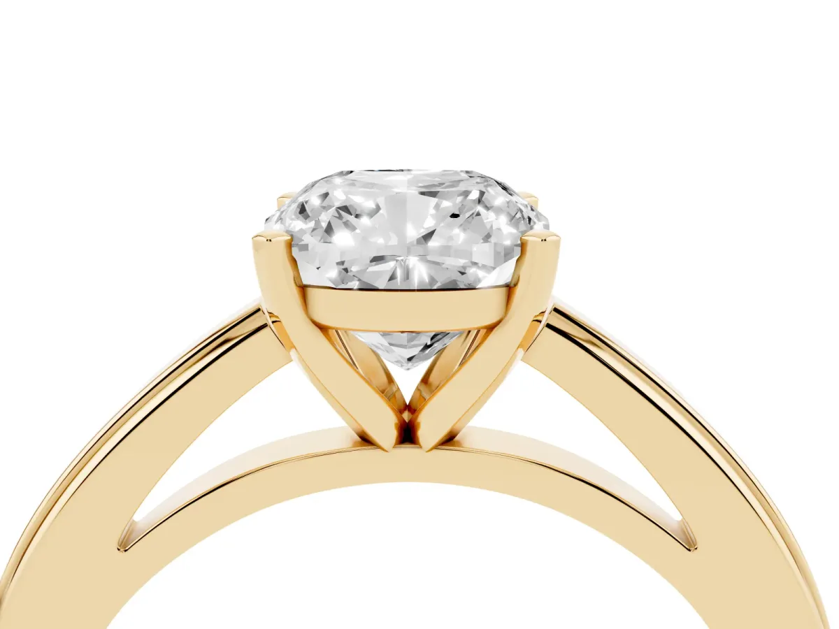Cushion Cut Solitaire Diamond Ring with Four-Prong Setting and Classic Band Yellow gold