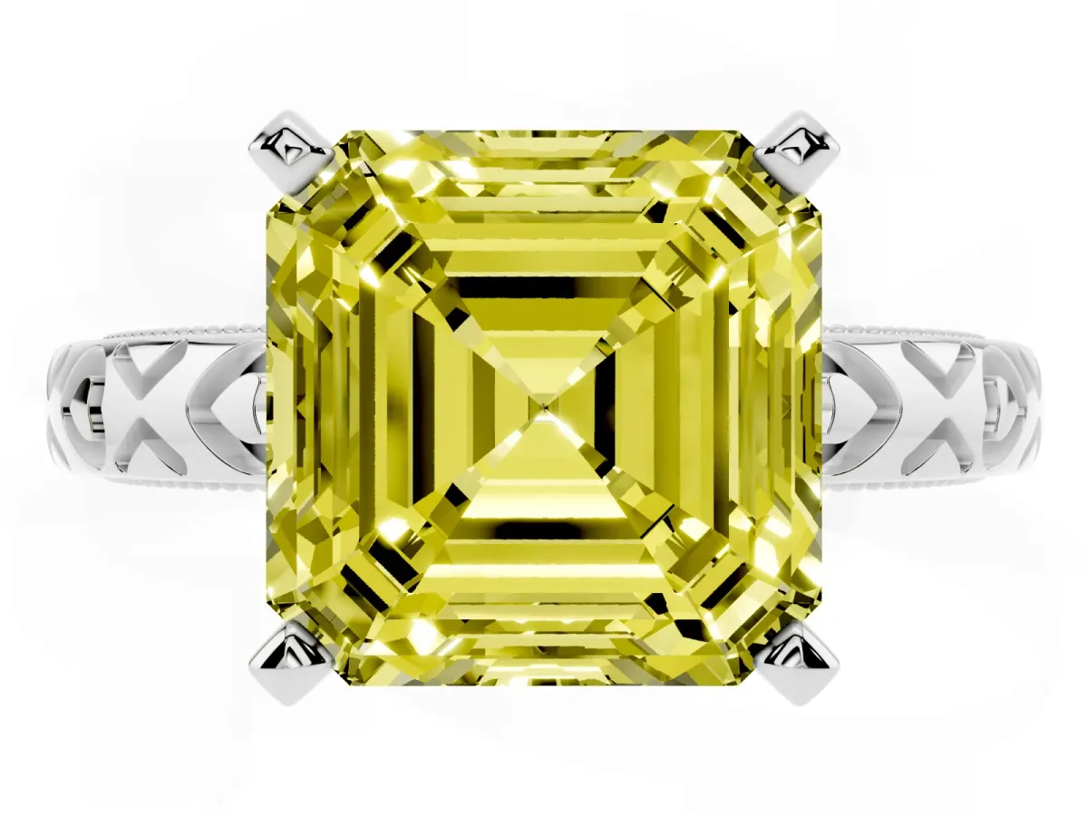 Fancy Yellow Asscher Cut Solitaire Diamond Engagement Ring with XO Engraved Band and Four-Prong Setting Platinum