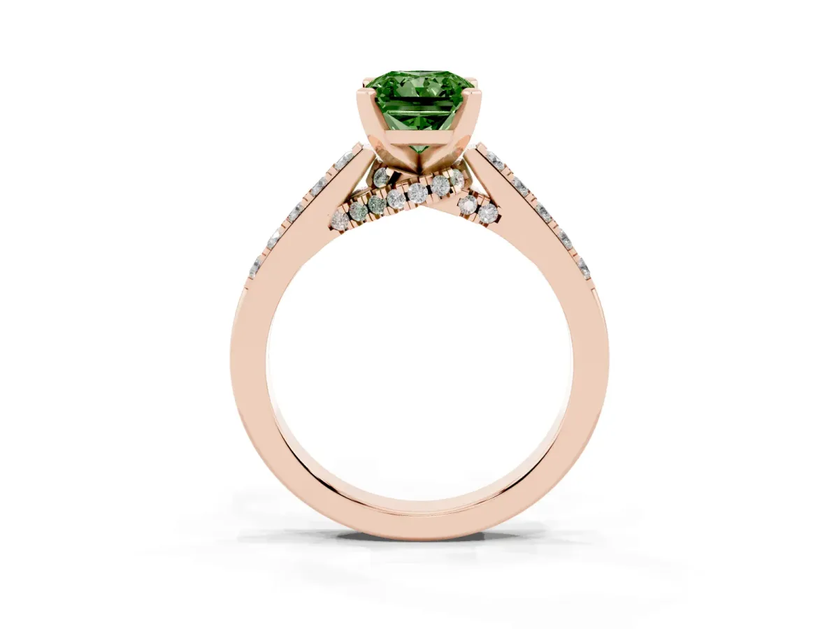 Fancy Green Radiant Cut Diamond Solitaire Ring with Crossover Gallery and Round Pavé Band Rose gold