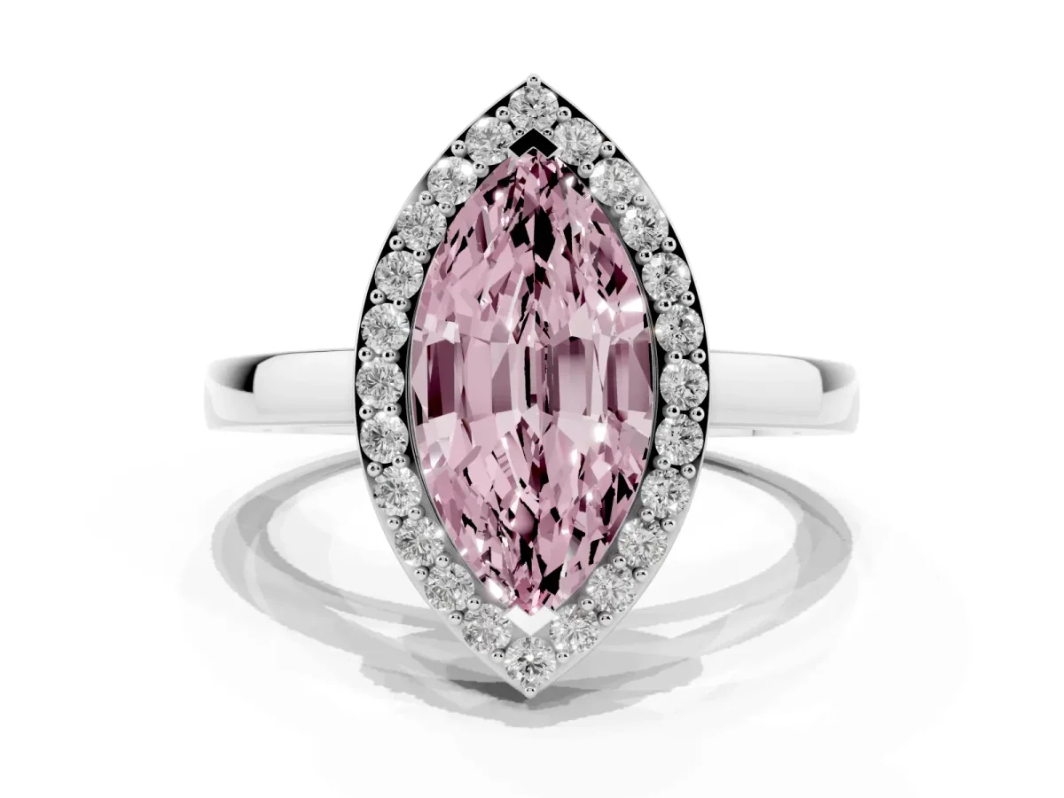 Fancy Pink Marquise Cut Halo Diamond Ring with Solitaire Band and Prong Setting Platinum