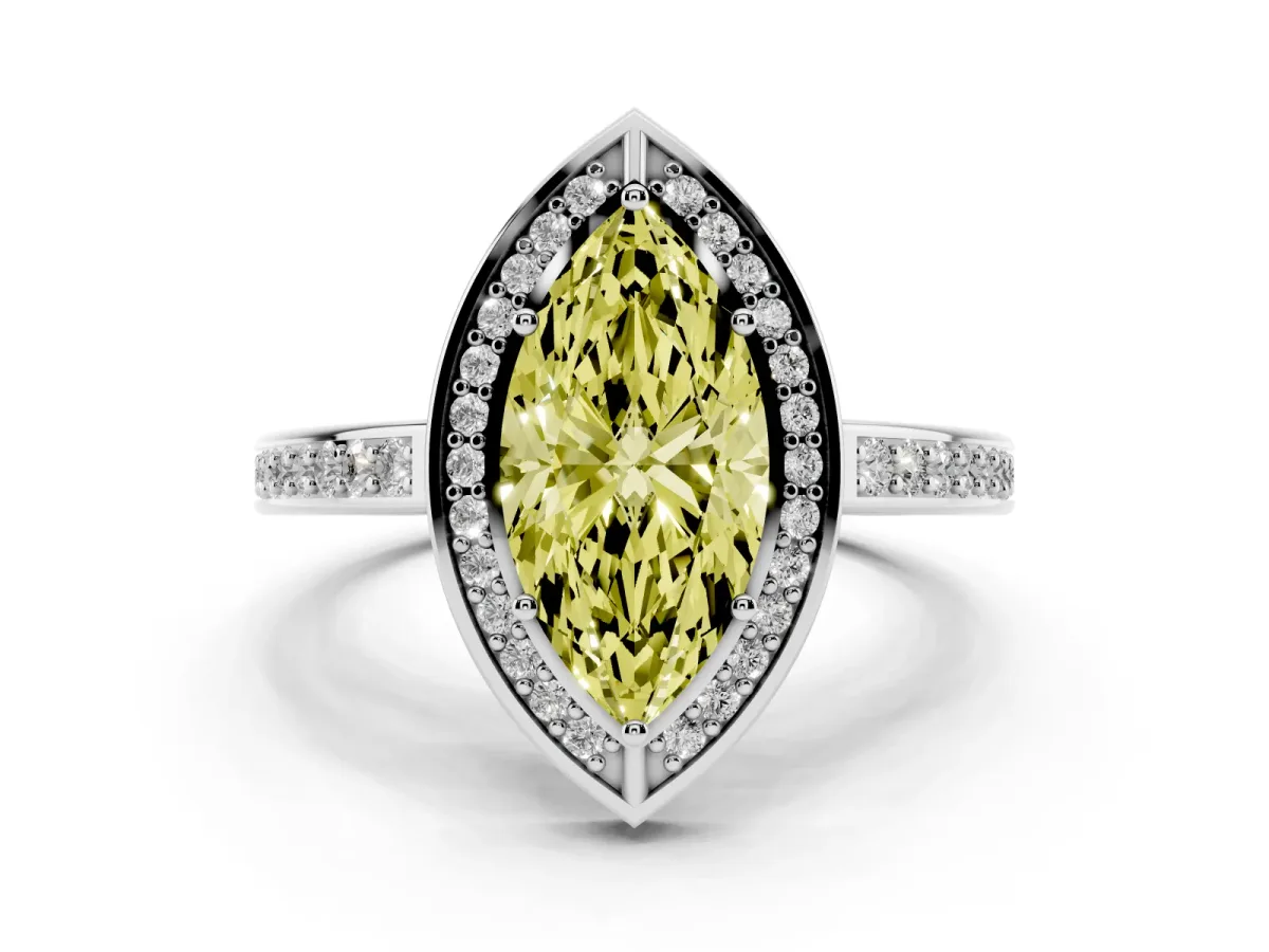Fancy Yellow Marquise Cut Cut Halo Pave Split Shank Prong Setting Ring Platinum