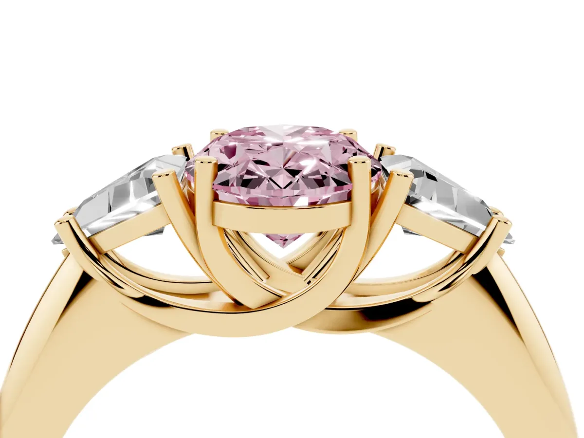 Fancy Pink Three-Stone Oval Cut Diamond Engagement Ring with Trillion Side Stones and Prong Setting Yellow gold