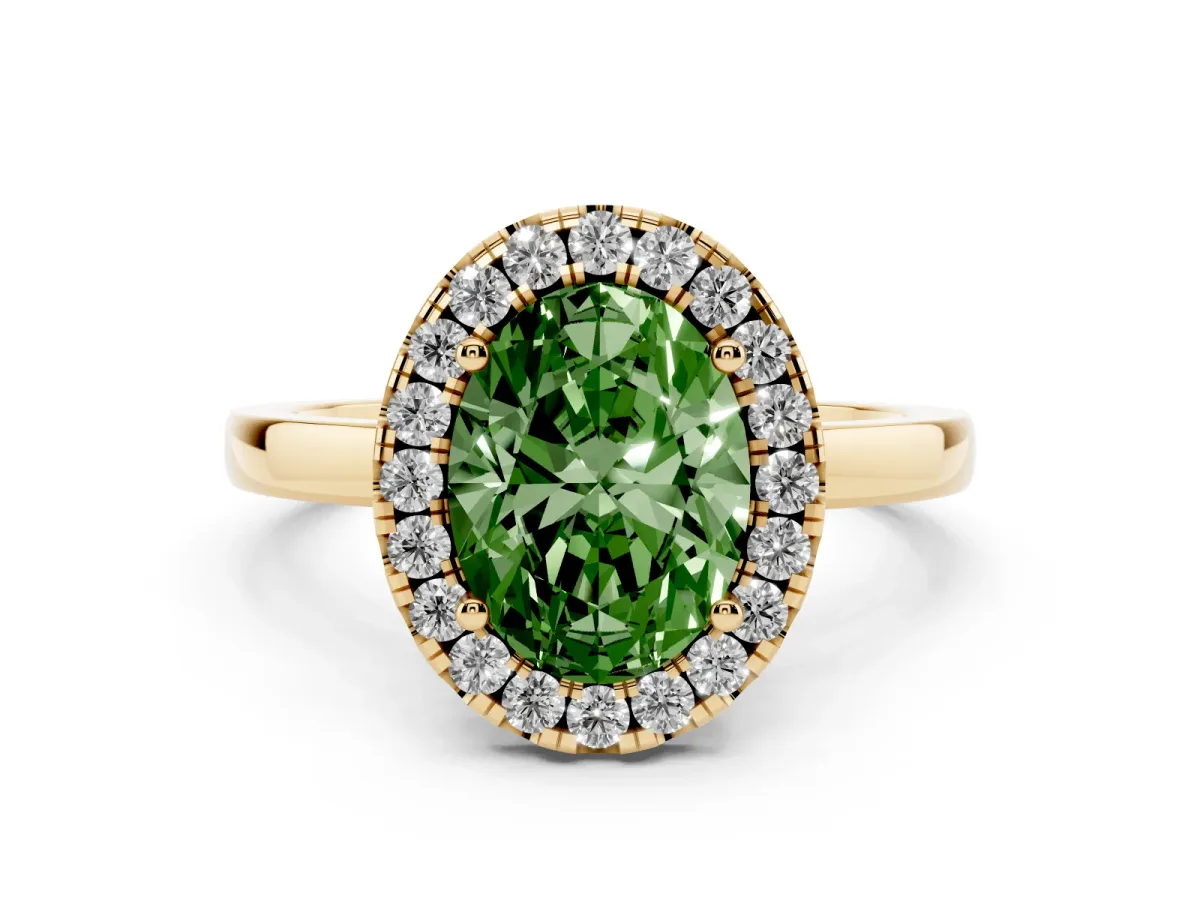 Fancy Green Oval Cut Halo Diamond Solitaire with Pavé Band and Four-Prong Setting Yellow gold