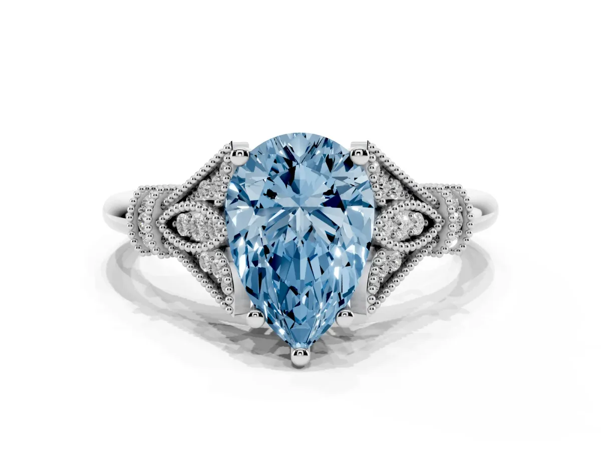 Fancy Blue Pear Cut Diamond Solitaire Ring with Floral Filigree and Pave Accents Silver