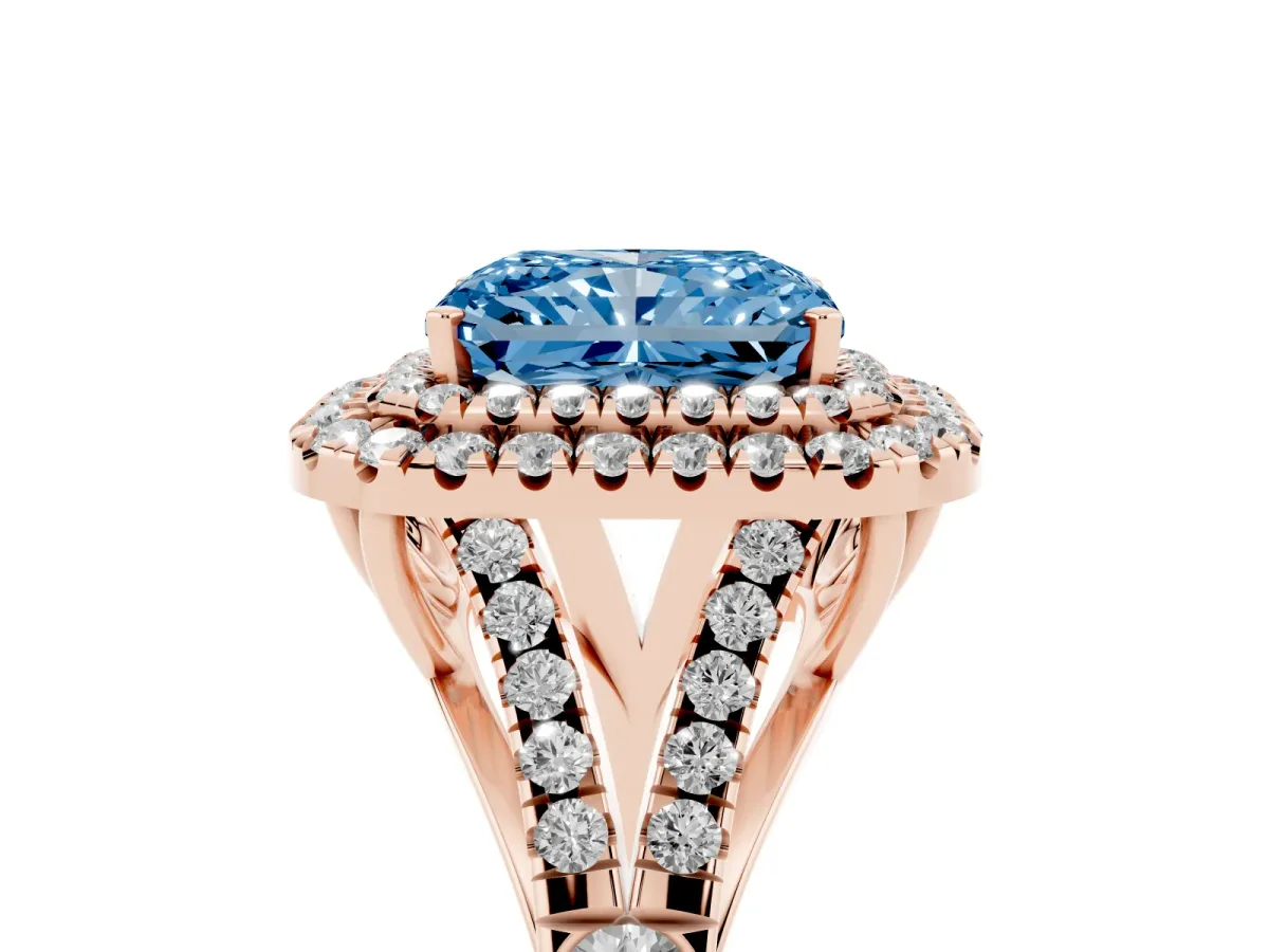Fancy Blue Radiant Cut Cut Double Halo Split Shank Diamond Ring with Prong Setting Rose gold