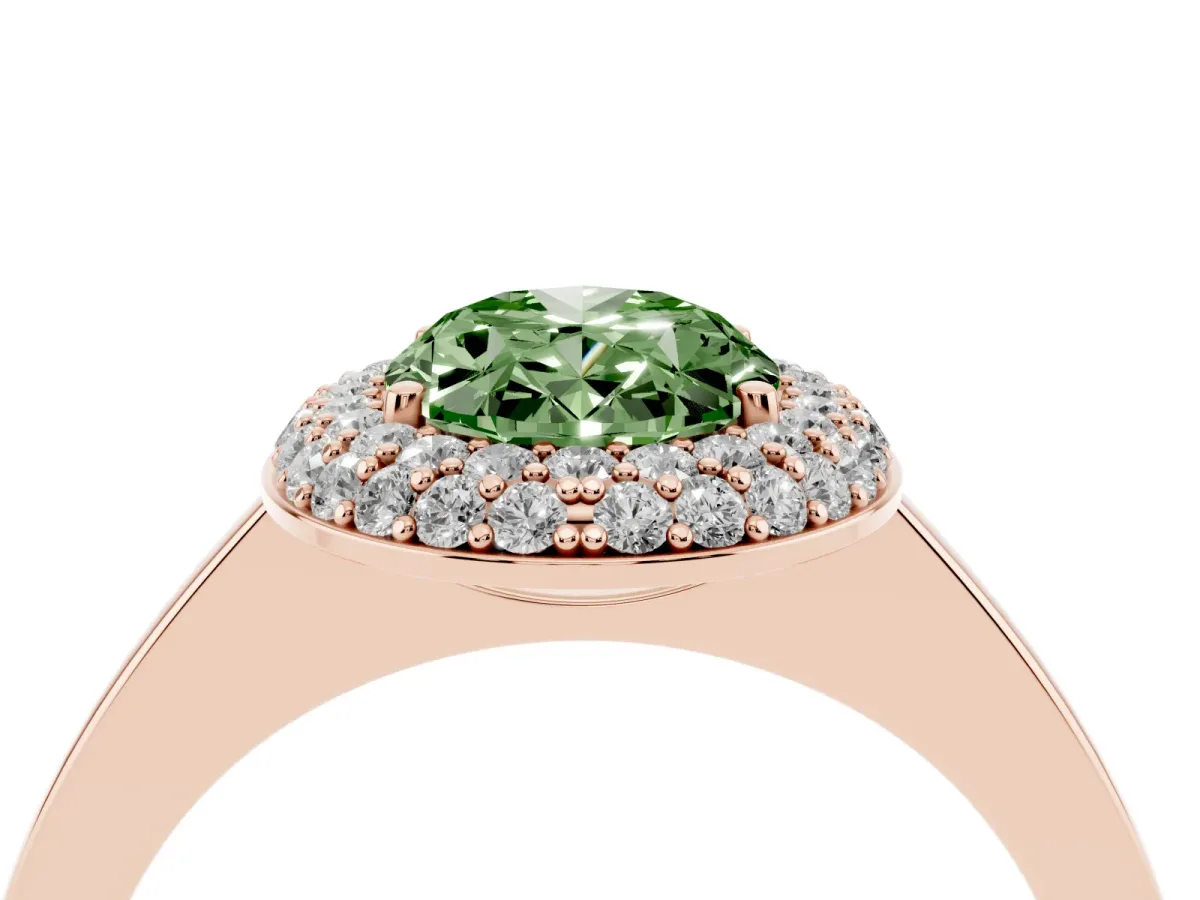 Fancy Green Oval Cut Halo Diamond Engagement Ring with Solitaire Band and Four-Prong Setting Rose gold