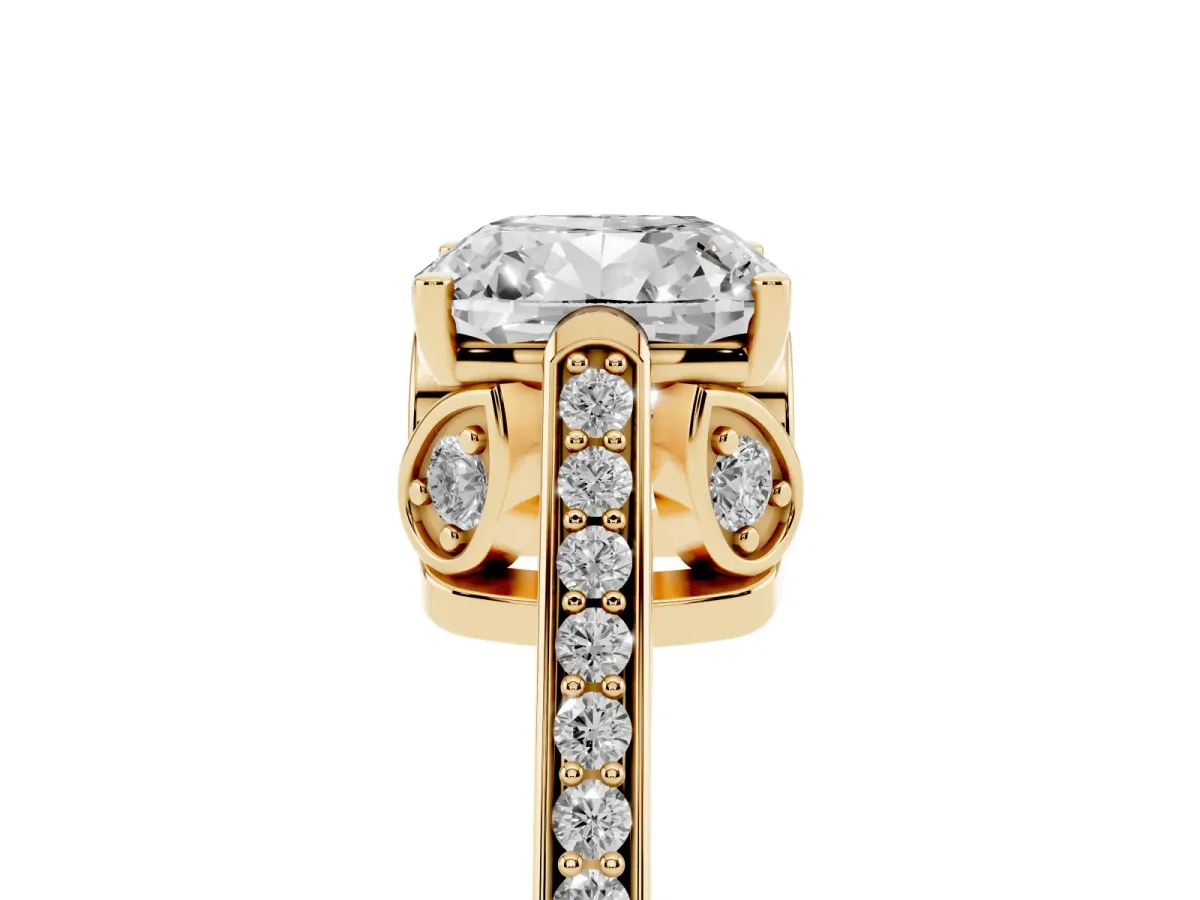 Cushion Cut Cut Cathedral Pave Diamond Engagement Ring with Six-Prong Setting Yellow gold