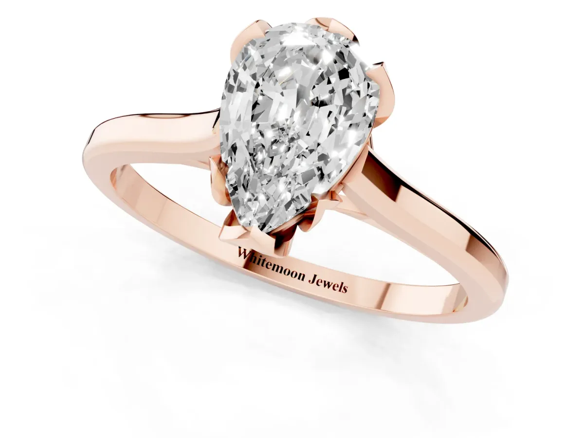 Pear Cut Diamond Solitaire Ring with Flower Prong Setting and Classic Band Rose gold