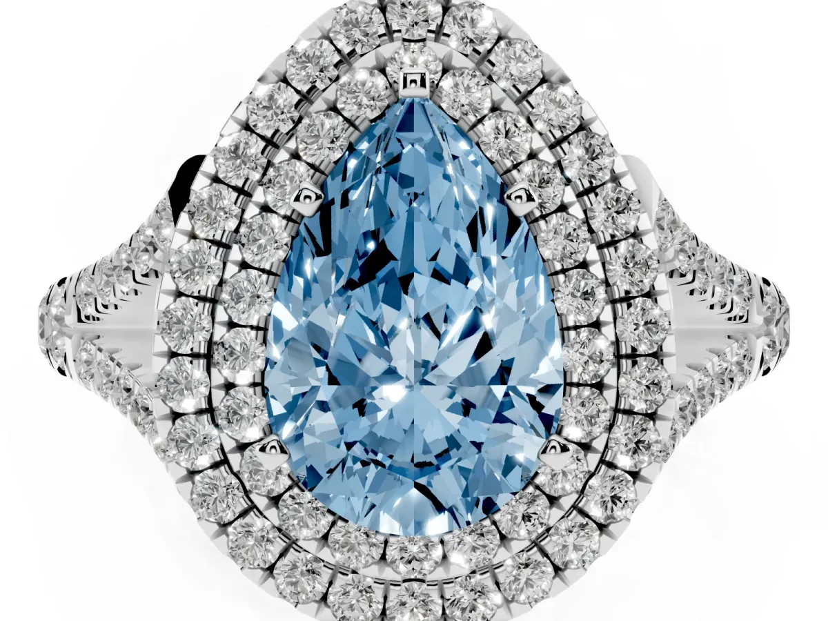 Fancy Blue Pear Cut Diamond Pavé Split Shank Double Halo Engagement Ring Platinum