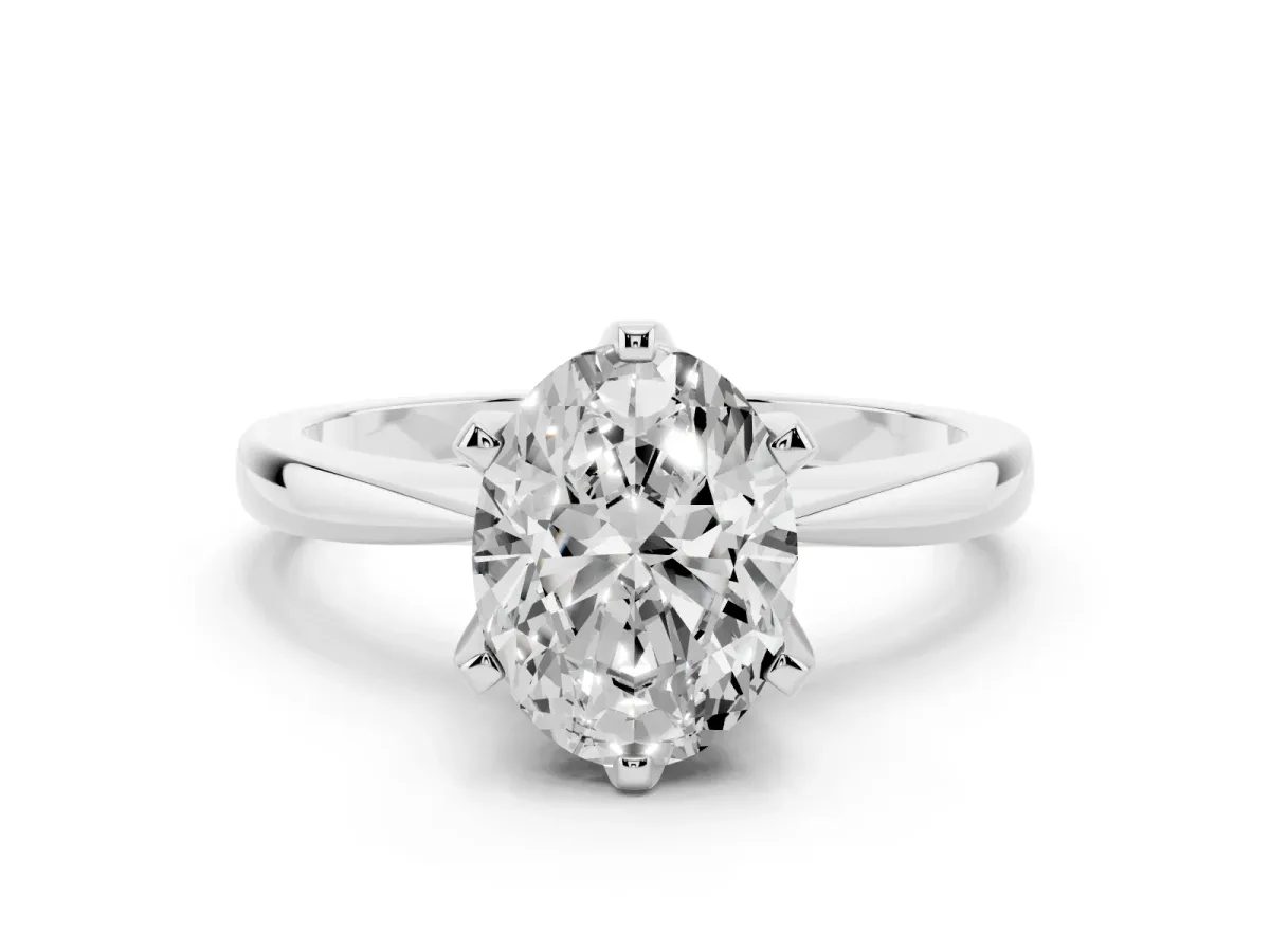 Oval Cut Solitaire Engagement Ring with Six-Prong Setting and Tapered Band Platinum