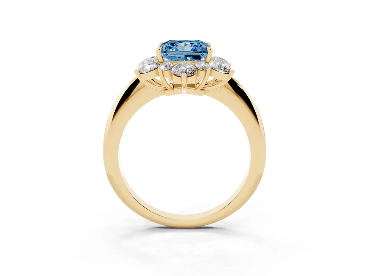 Fancy Blue Princess Cut Diamond Cluster Halo Ring with Solitaire Band and Four-Prong Setting Yellow gold
