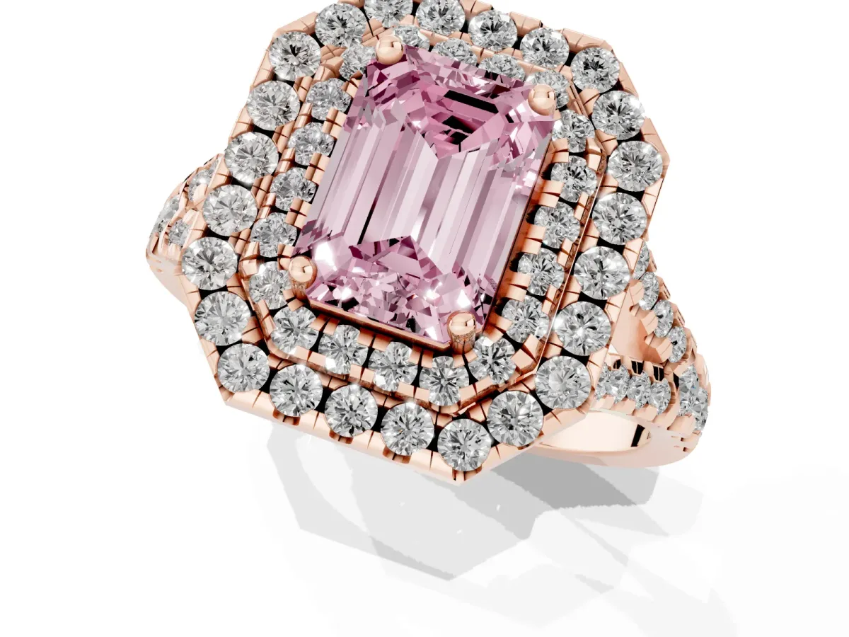 Fancy Pink Double Halo Emerald Cut Diamond Pavé Split Shank Ring with Prong Setting Rose gold