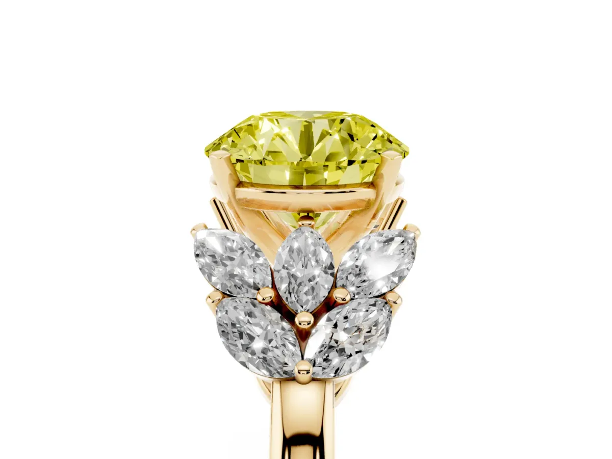 Fancy Yellow Round Cut Diamond Cluster Leaf Design Ring with Prong Setting Yellow gold