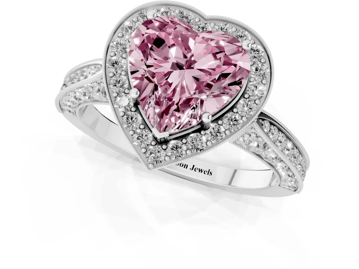 Fancy Pink Heart Cut Halo Diamond Engagement Ring with Split Shank Band and Four-Prong Setting Silver
