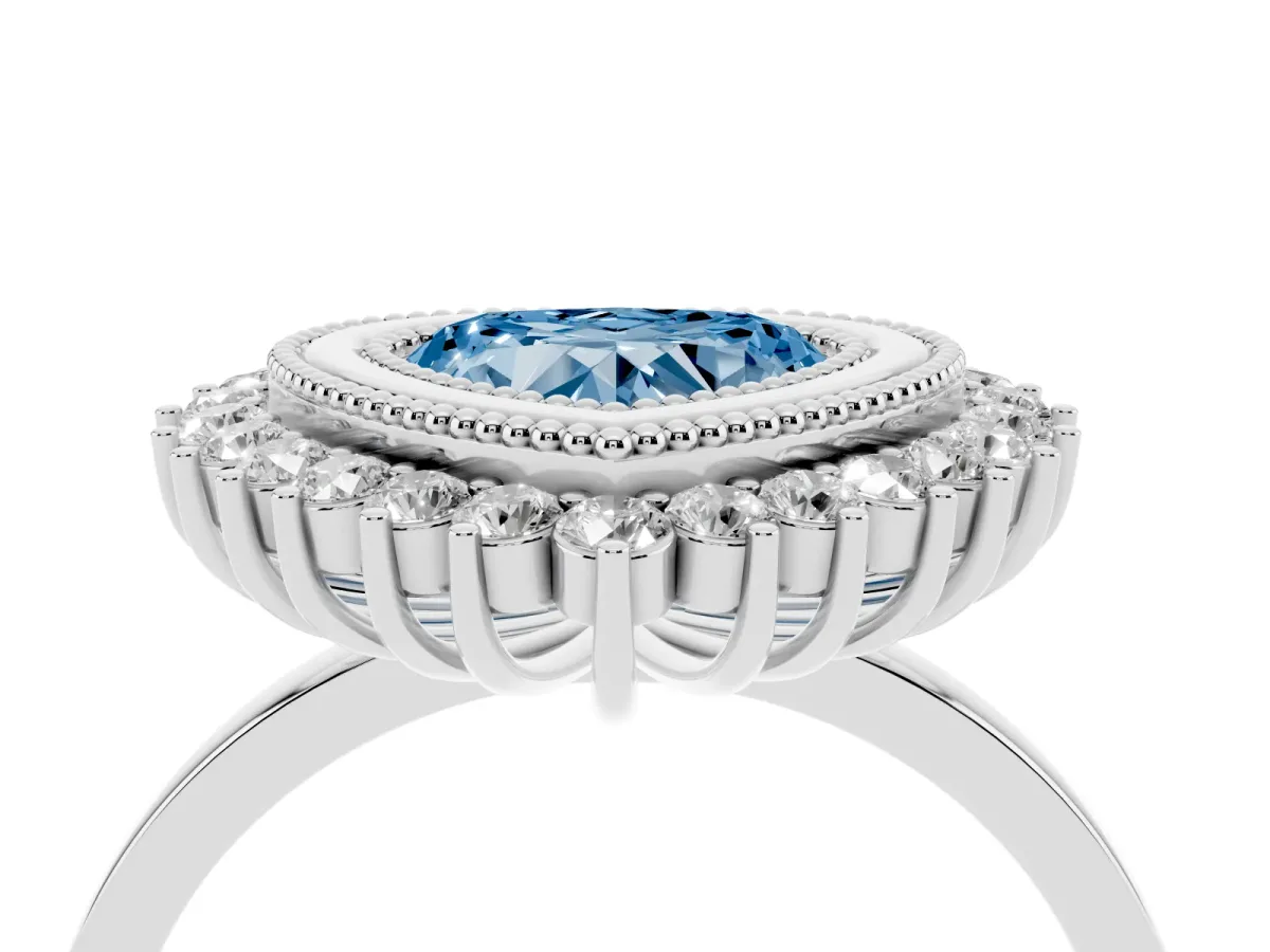Fancy Blue Heart Cut Halo Diamond Ring with Milgrain Edge and Round Prong Setting Silver