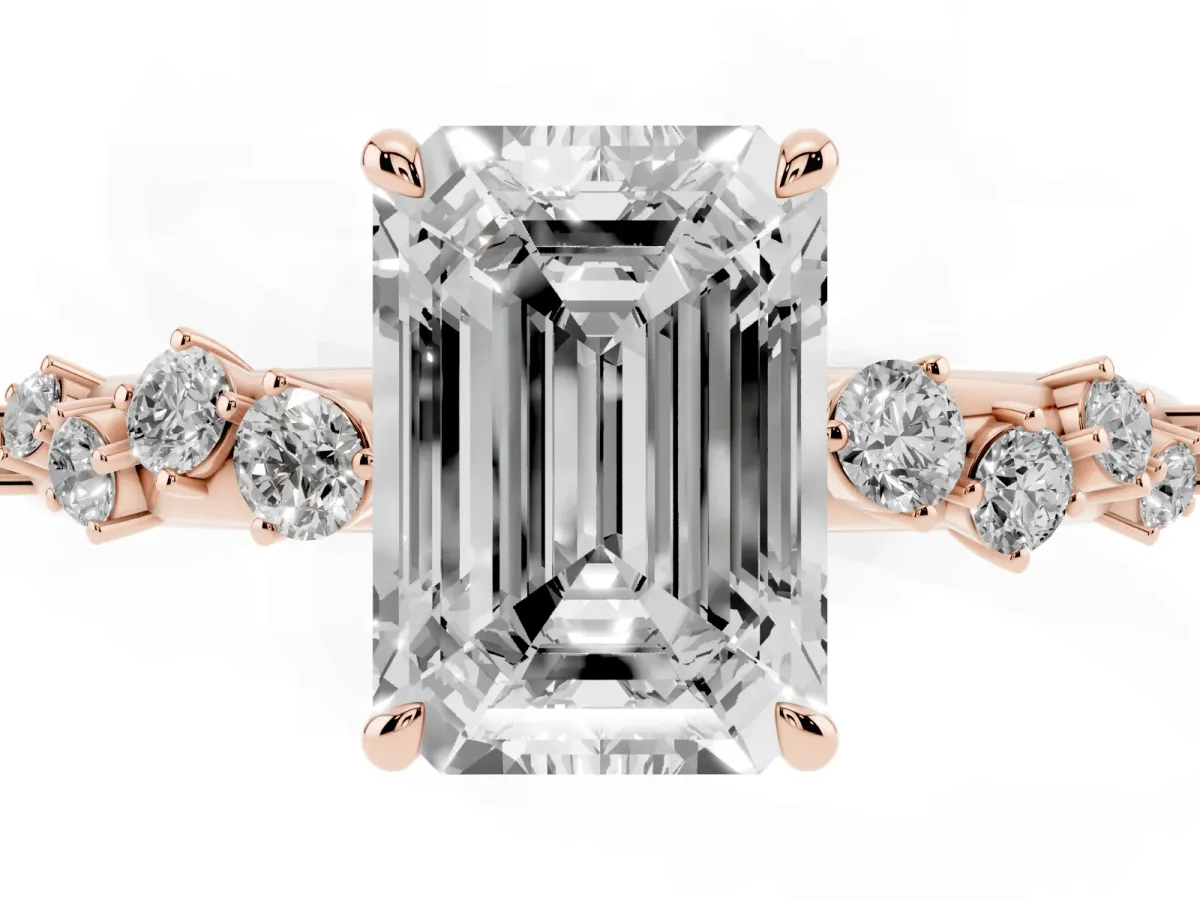 Emerald Cut Diamond Cluster Prong-Set Solitaire Ring Rose gold
