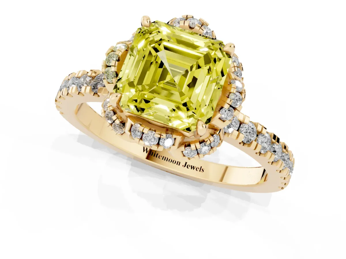 Fancy Yellow Asscher Cut Halo Diamond Pave Band Ring with Four-Prong Setting Yellow gold