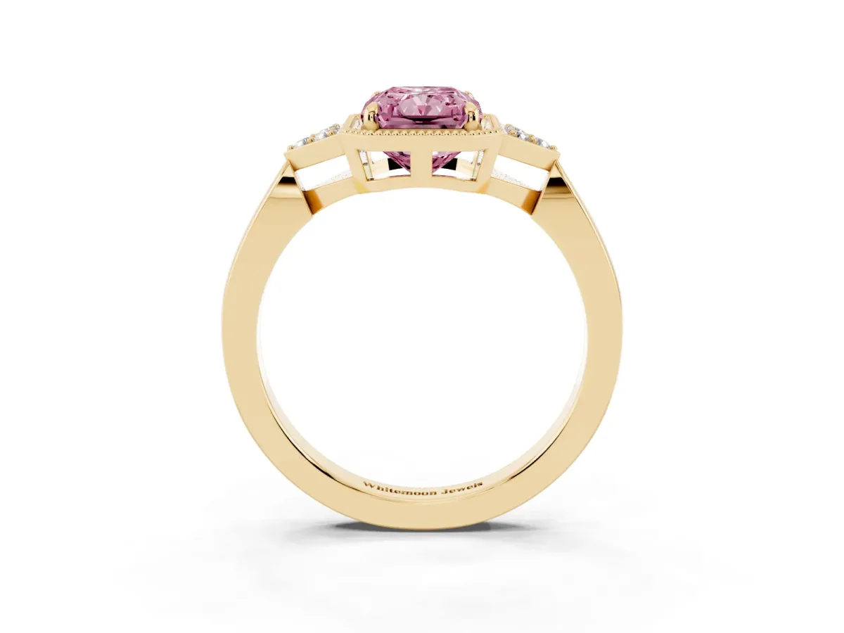 Fancy Pink Hexagonal Halo Radiant Cut Diamond Solitaire with Pavé Band and Four-Prong Setting Yellow gold