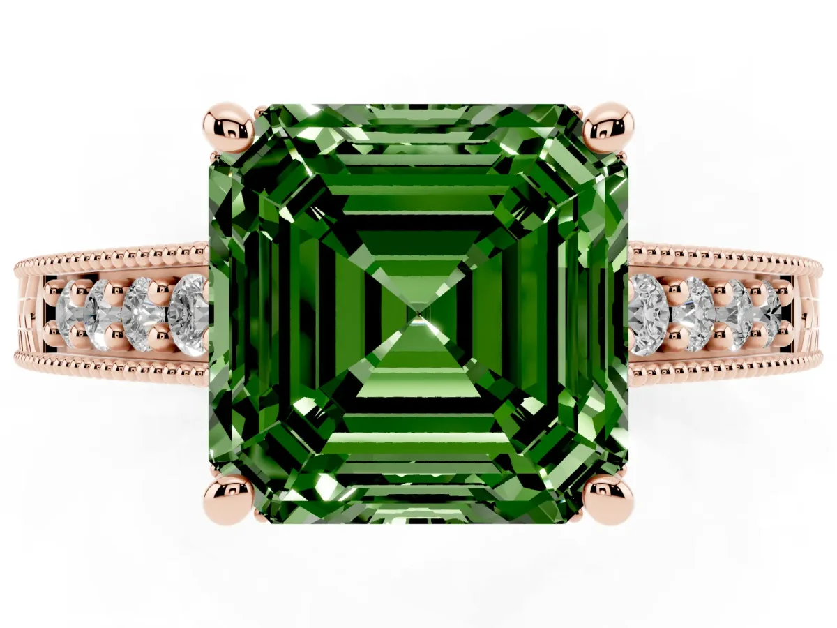 Fancy Green Asscher Cut Solitaire Pavé Diamond Milgrain Engagement Ring with Four-Prong Setting Rose gold