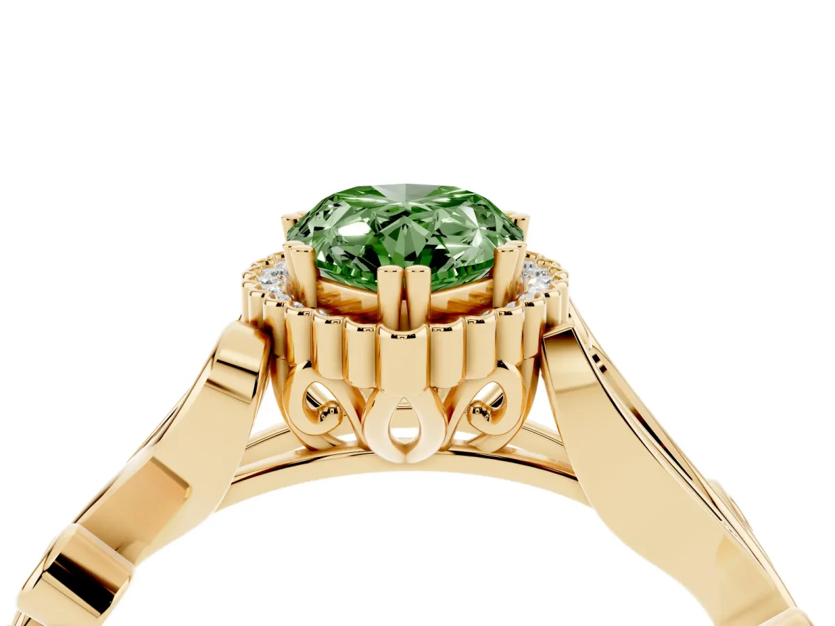 Fancy Green Pear Cut Diamond Halo Ring with Vintage Split Shank and Four-Prong Setting Yellow gold
