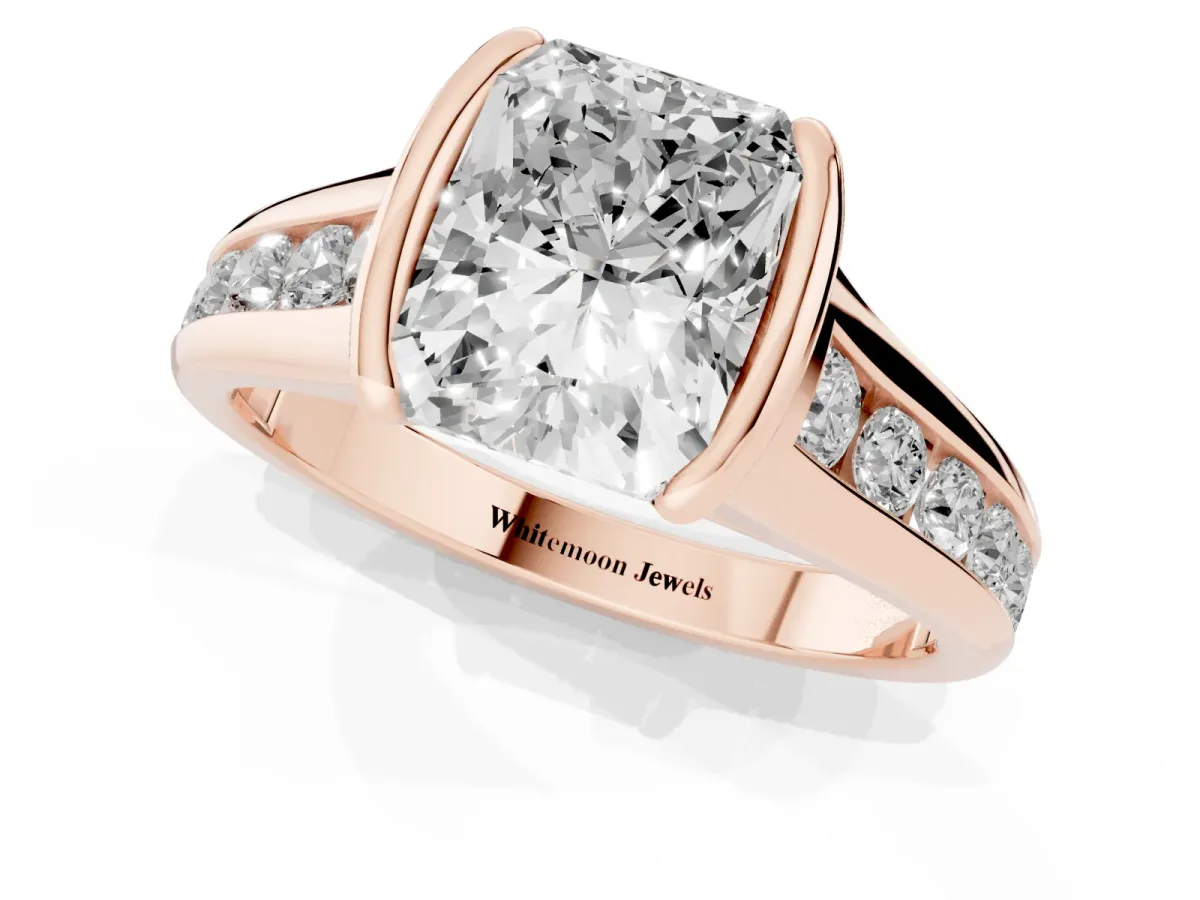 Radiant Cut Solitaire Bezel-Set Diamond Ring with Channel-Set Band Rose gold