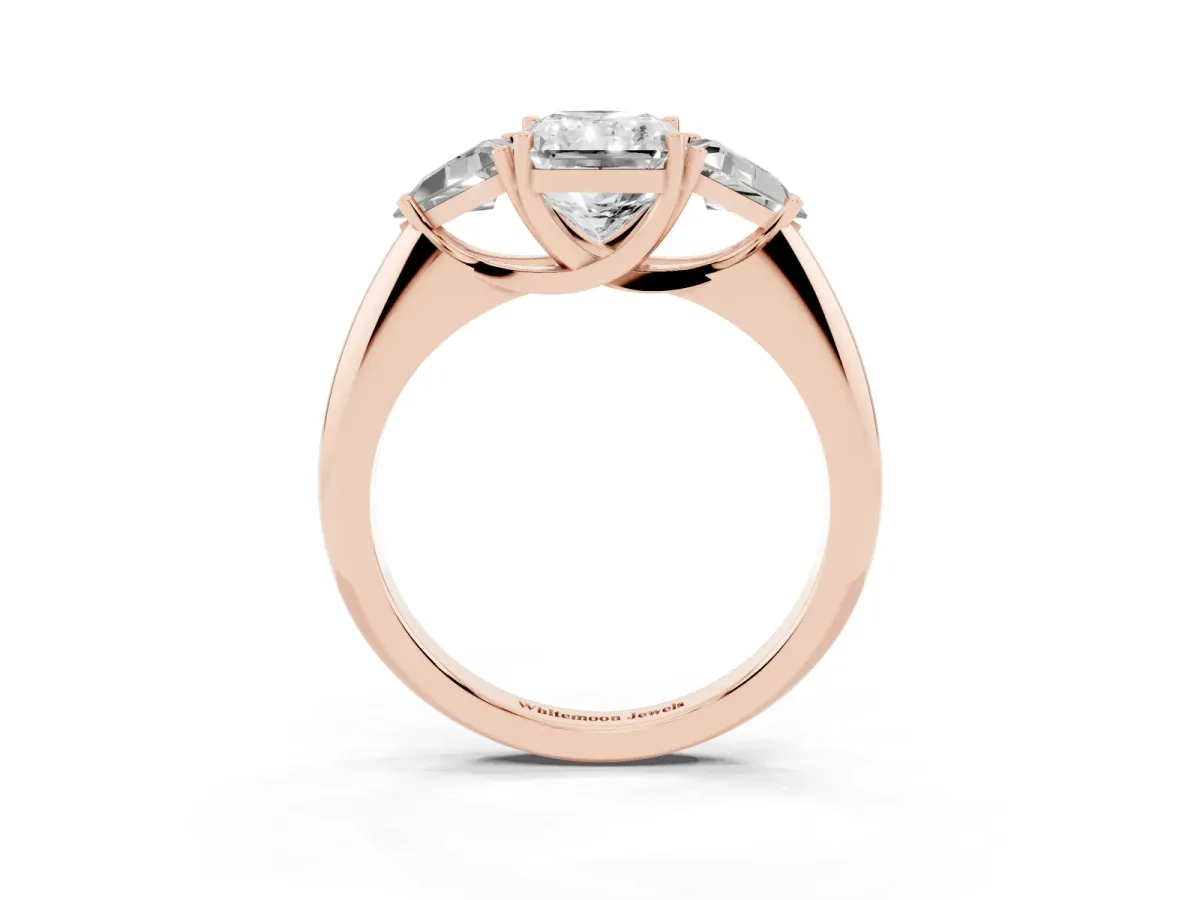 Three-Stone Radiant Cut Diamond Engagement Ring with Trillion Side Stones and Prong Setting Rose gold