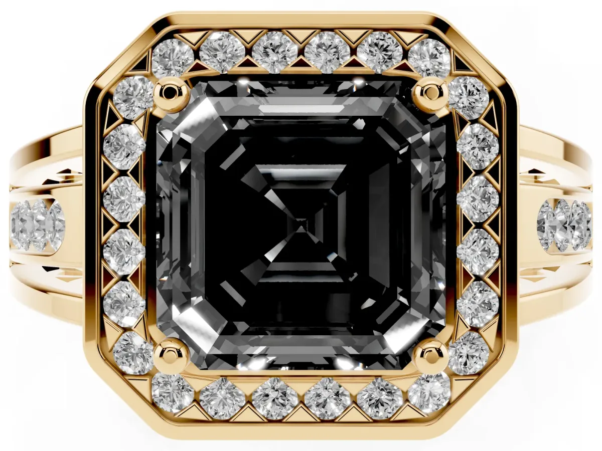 Fancy Black Asscher Cut Diamond Halo Ring with Split Shank and Bezel Accents and Prong Setting Yellow gold