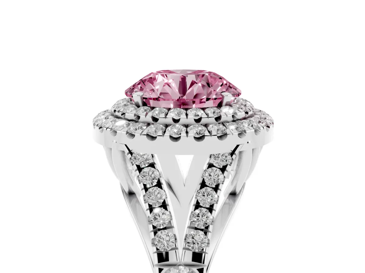 Fancy Pink Round Cut Diamond Pavé Split Shank Double Halo Engagement Ring Silver