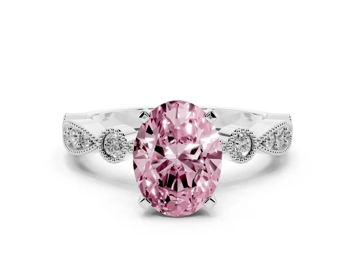 Fancy Pink Oval Cut Milgrain Bezel Diamond Engagement Ring with Solitaire Prong Setting Platinum