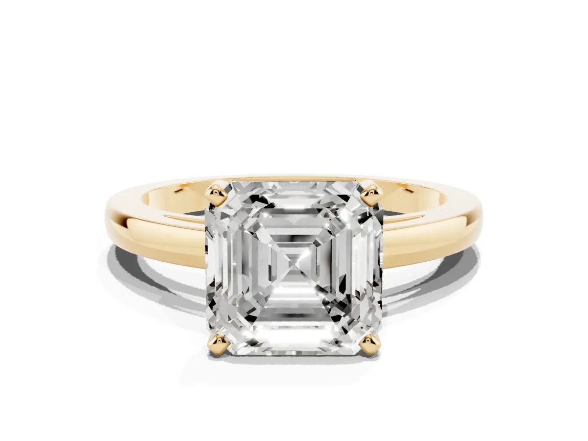 Asscher Cut Solitaire Diamond Engagement Ring with Four-Prong Setting on a Classic Band Yellow gold