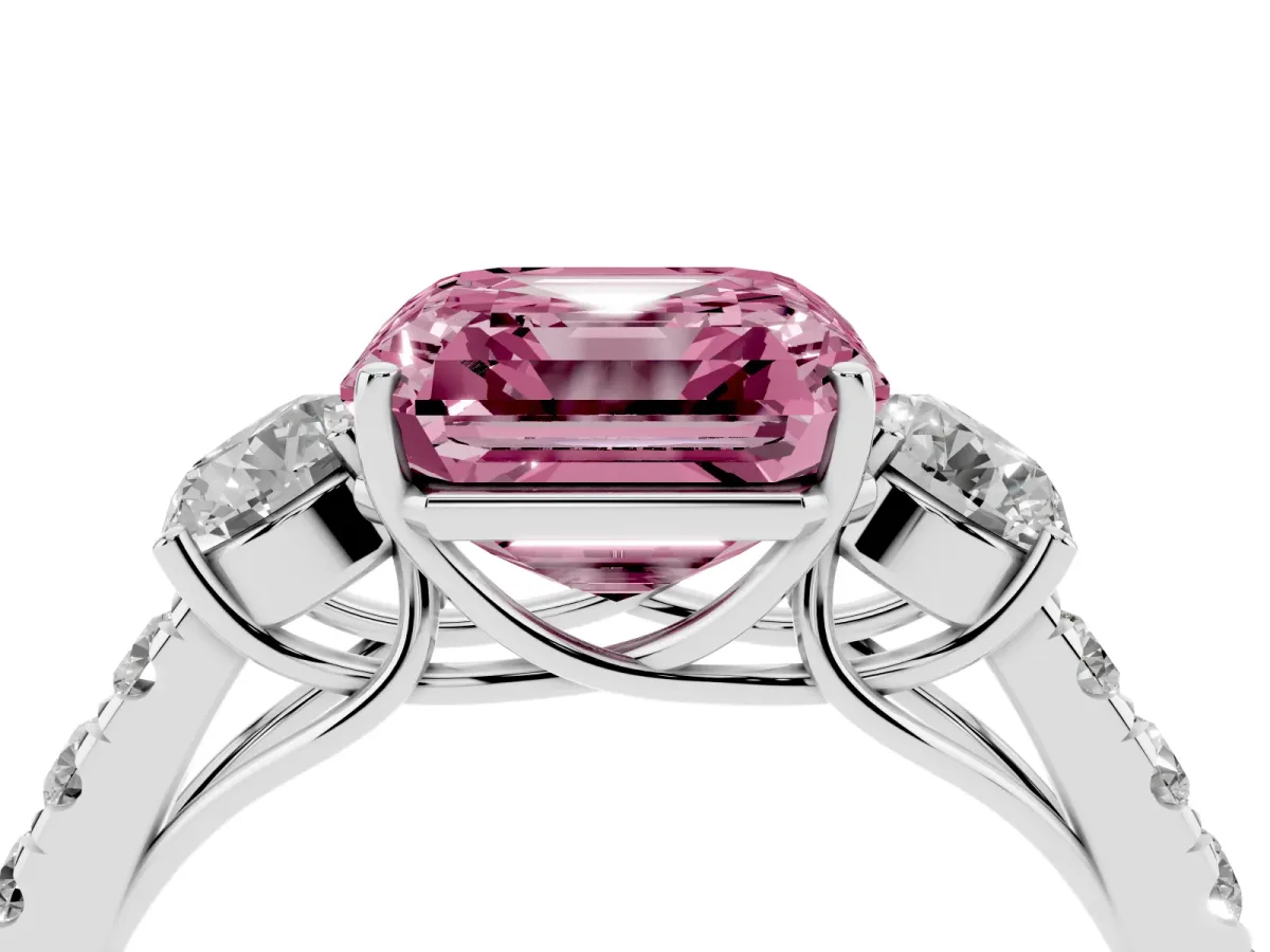 Fancy Pink Asscher Cut Cut Diamond Three-Stone Ring with Round Side Stones and Pavé Band Silver