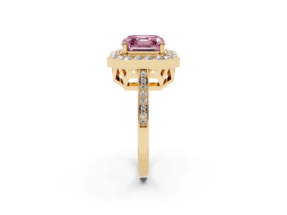 Fancy Pink Asscher Cut Diamond Halo Ring with Split Shank and Four-Prong Setting Yellow gold