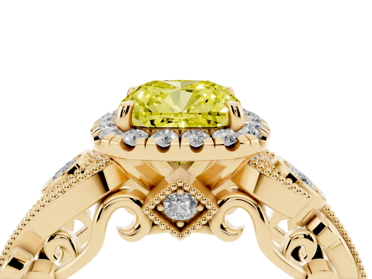 Fancy Yellow Cushion Cut Diamond Halo Ring with Milgrain Pavé Band and Four-Prong Setting Yellow gold
