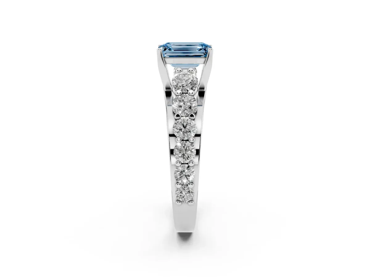 Fancy Blue Emerald Cut Diamond Engagement Ring with Pavé Band and Four-Prong Setting Silver