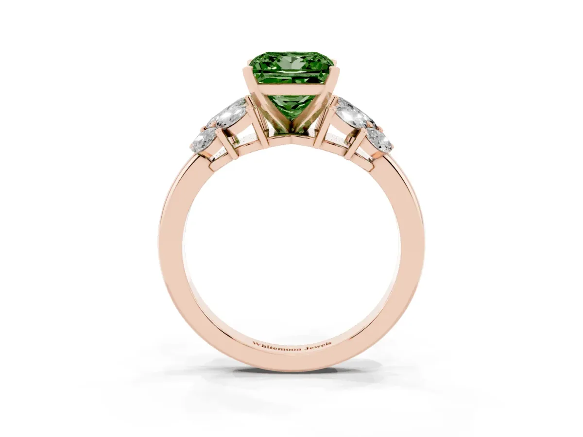 Fancy Green Princess Cut Diamond Cluster Leaf Design Ring with Prong Setting Rose gold