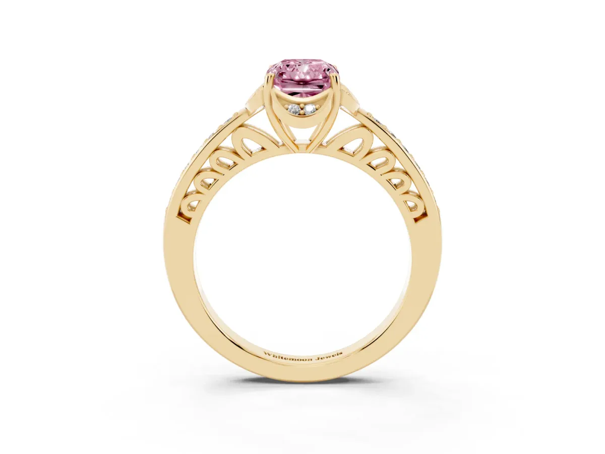 Fancy Pink Radiant Cut Cut Halo Diamond Ring with Channel Set Band and Four-Prong Setting Yellow gold