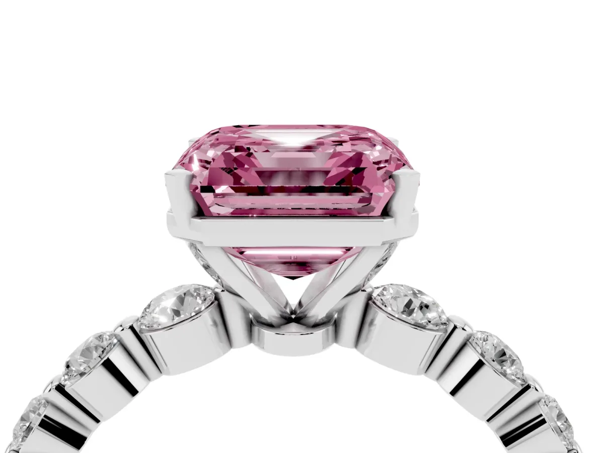 Fancy Pink Asscher Cut Solitaire Diamond Ring with Pave Band and Four-Prong Setting Silver