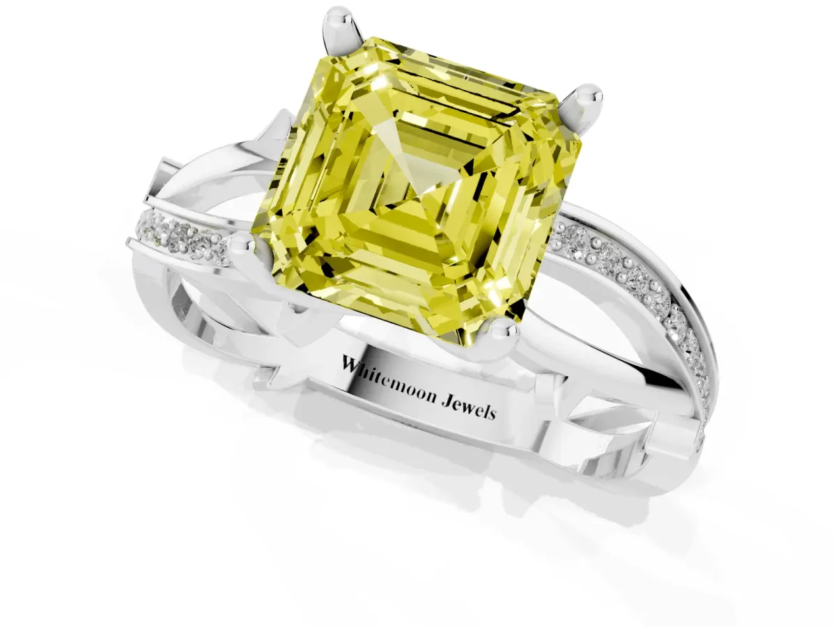 Fancy Yellow Asscher Cut Solitaire Twist Band with Pavé Accents and Four-Prong Setting Platinum