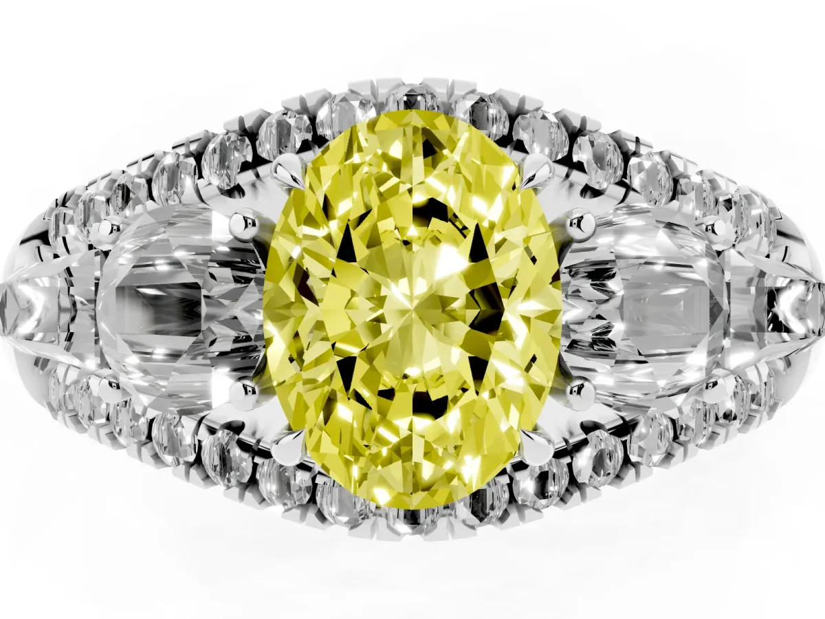 Fancy Yellow Three-Stone Oval Cut Diamond Engagement Ring with Pave Band and Prong Setting Silver