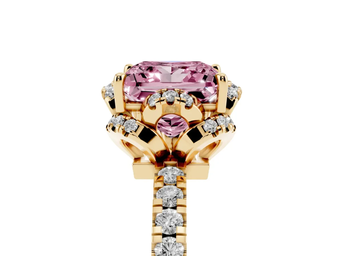 Fancy Pink Princess Cut Halo Diamond Pave Band Ring with Four-Prong Setting Yellow gold