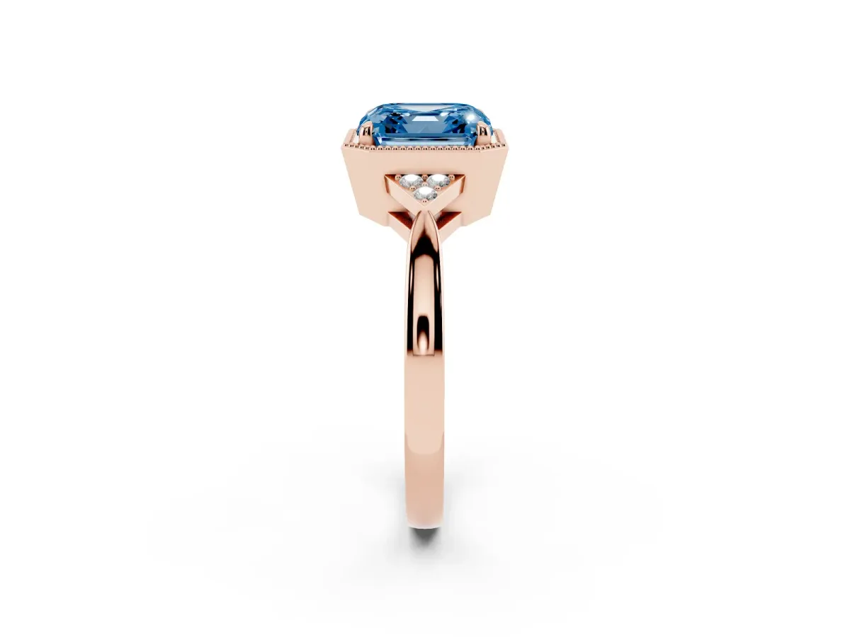 Fancy Blue Milgrain Asscher Cut Cut Diamond Ring with Tapered Pave Band and Four Prong Setting Rose gold