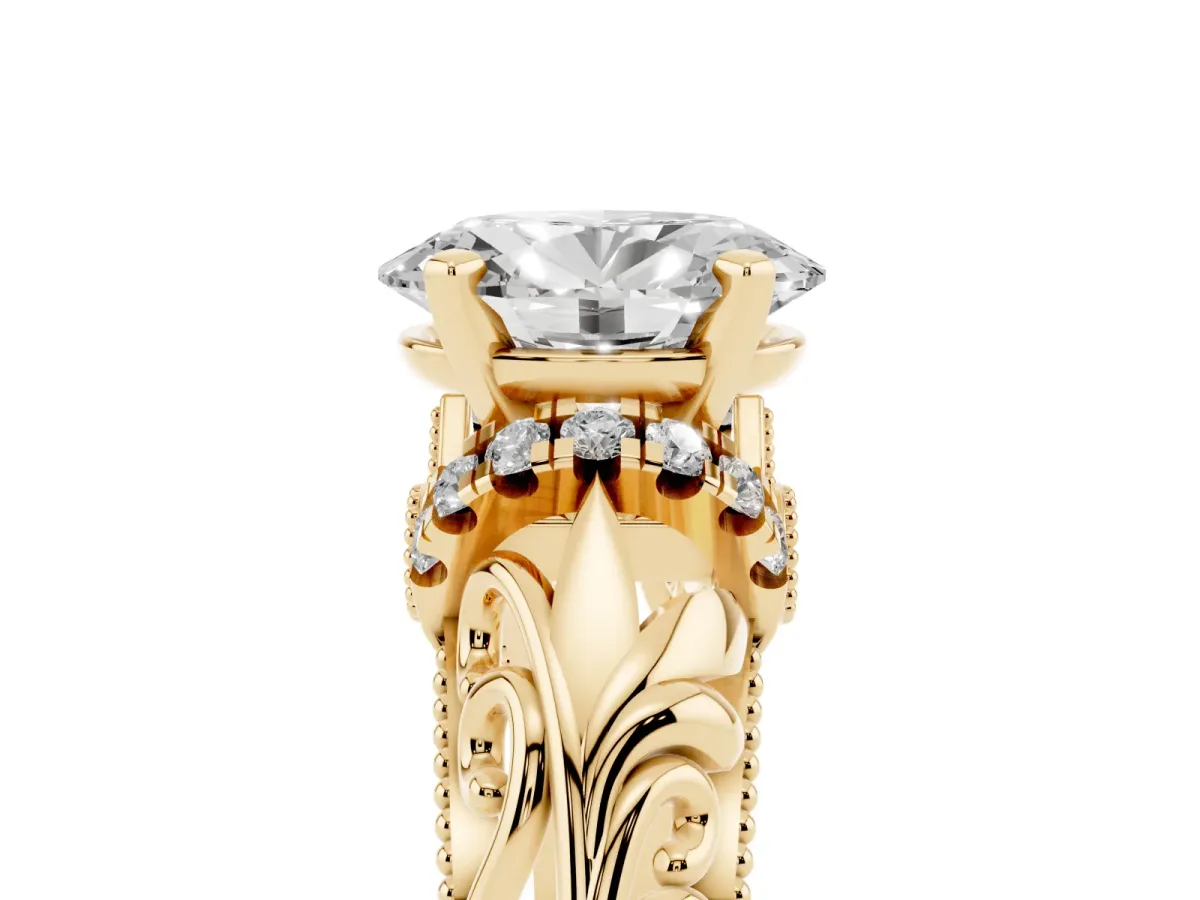 Oval Cut Solitaire Filigree Engagement Ring with Halo and Prong Setting Yellow gold