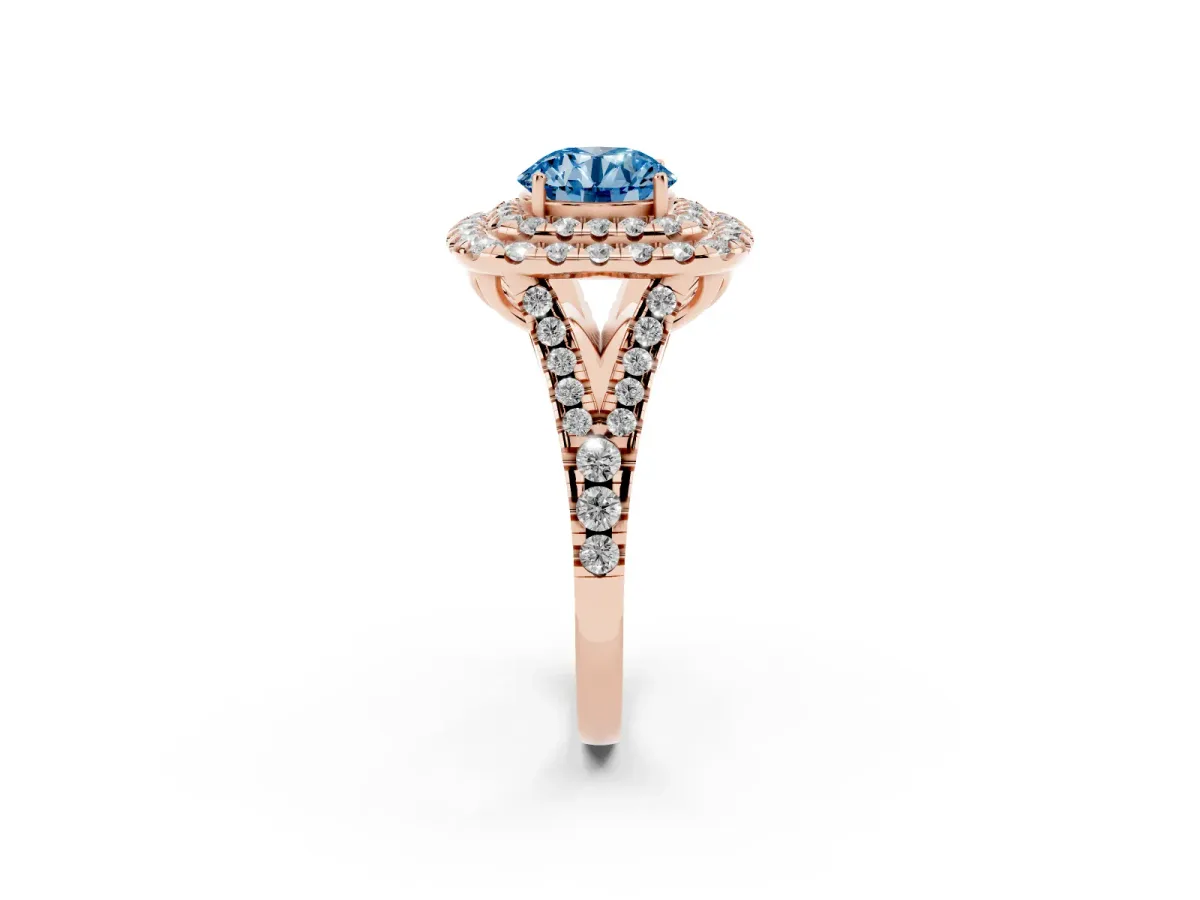 Fancy Blue Double Halo Round Cut Diamond Pavé Split Shank Ring with Prong Setting Rose gold