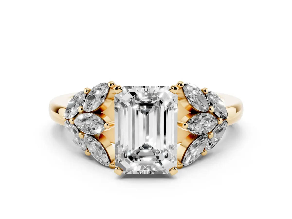 Emerald Cut Diamond Cluster Leaf Design Ring with Prong Setting Yellow gold