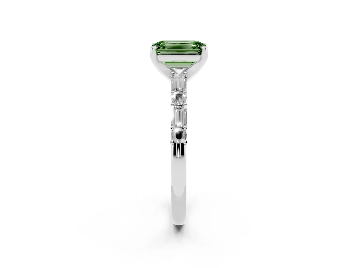 Fancy Green Emerald Cut Diamond Solitaire with Side Baguettes and Channel Set Band Platinum