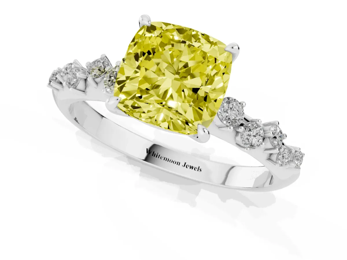 Fancy Yellow Cushion Cut Diamond Cluster Side Stone Solitaire Ring with Prong Setting White gold