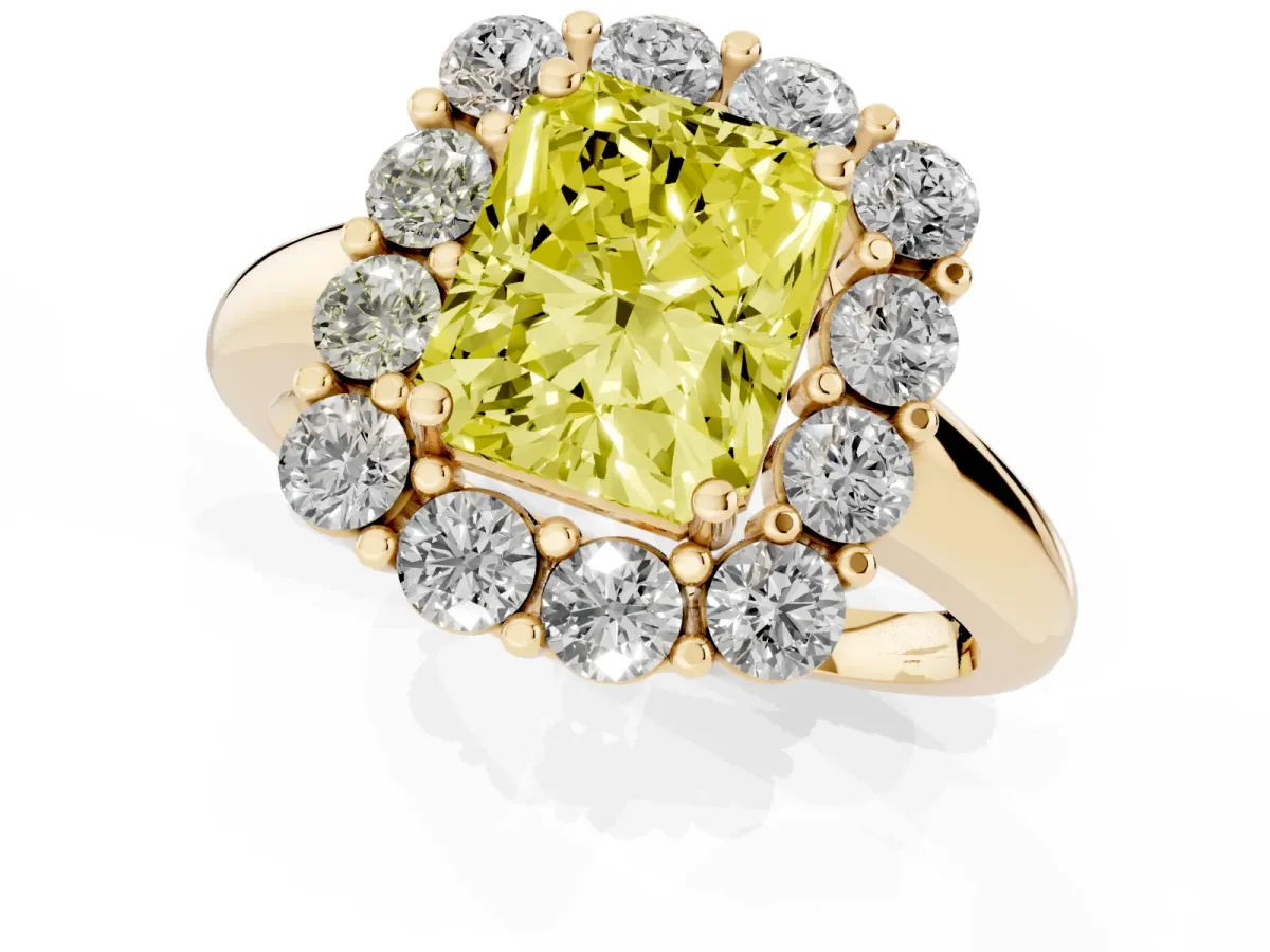 Fancy Yellow Radiant Cut Halo Cluster Diamond Engagement Ring with Prong Setting and Polished Band Yellow gold