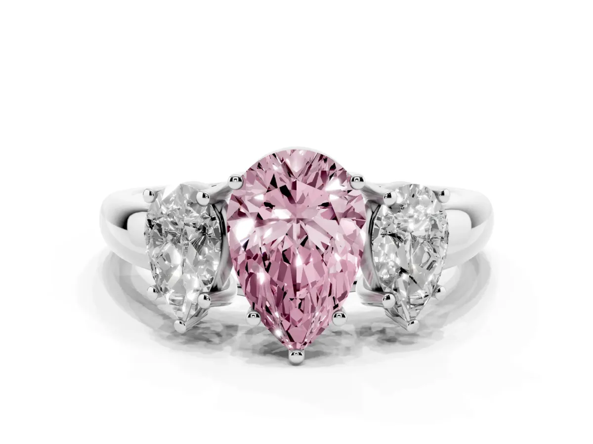 Fancy Pink Three-Stone Pear Cut Diamond Engagement Ring with Prong Setting White gold