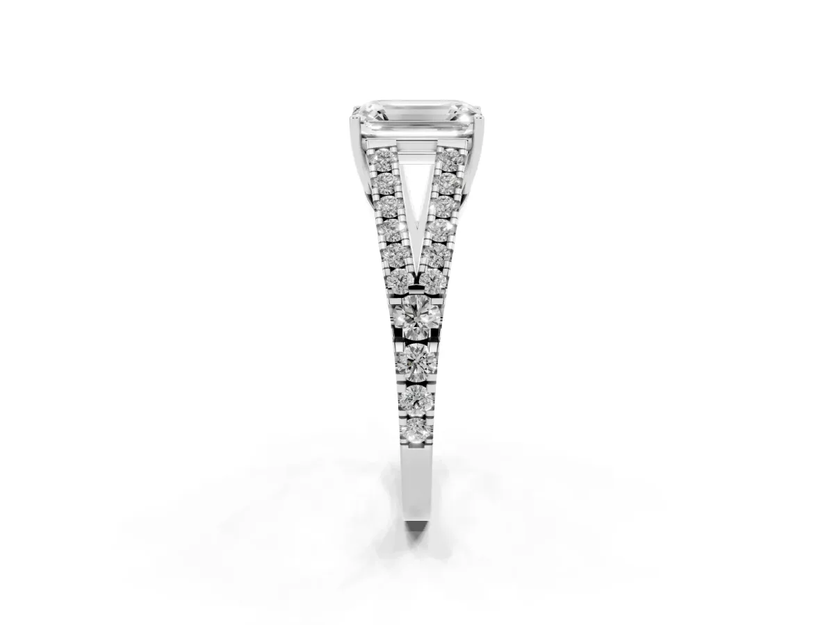 Emerald Cut Diamond Split Shank Engagement Ring with Round Pavé and Prong Setting Platinum